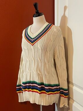 Rowing Blazers x Target Adult V Neck Cable Croquet Rainbow Striped Knit Sweater